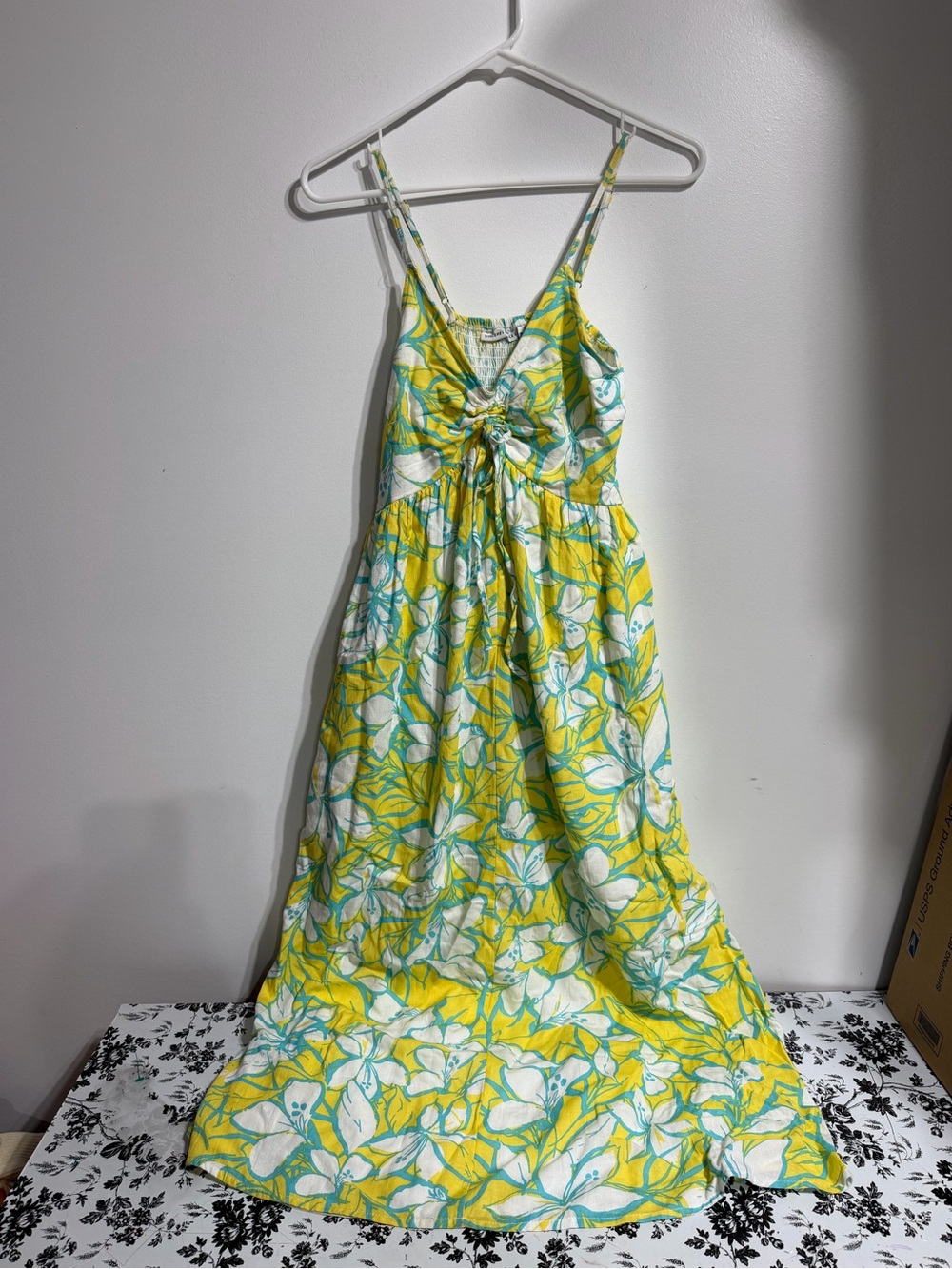 Sincerely Jules Yellow & Blue Floral Smocked Midi Dress - Size Small